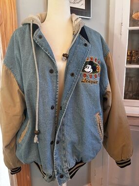 90’s Disney Two-Tone Denim and Tan Varsity Jacket with Mickey Patch, great cond.